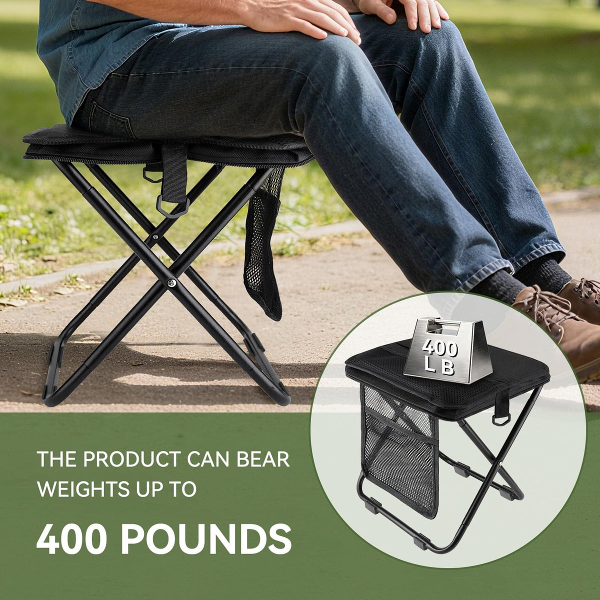 Portable Folding Stool with Dual Storage Pockets Compact Travel Seat