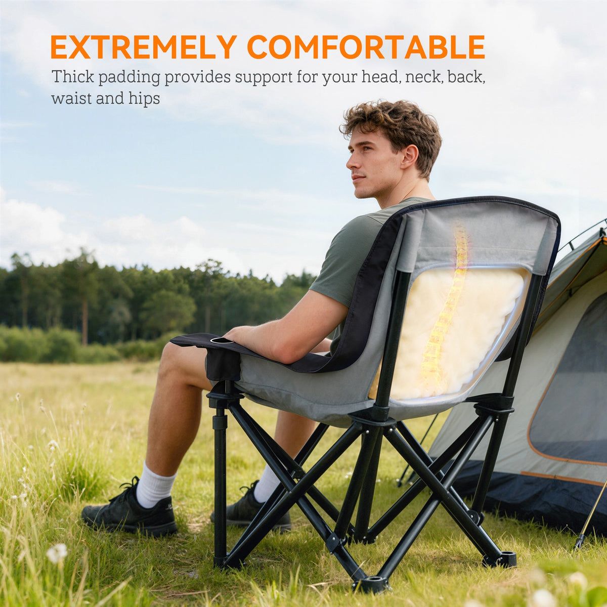 Portable Folding Camping Chair with High-Density Padding, Cup Holders and Side Pockets, Black and Gray
