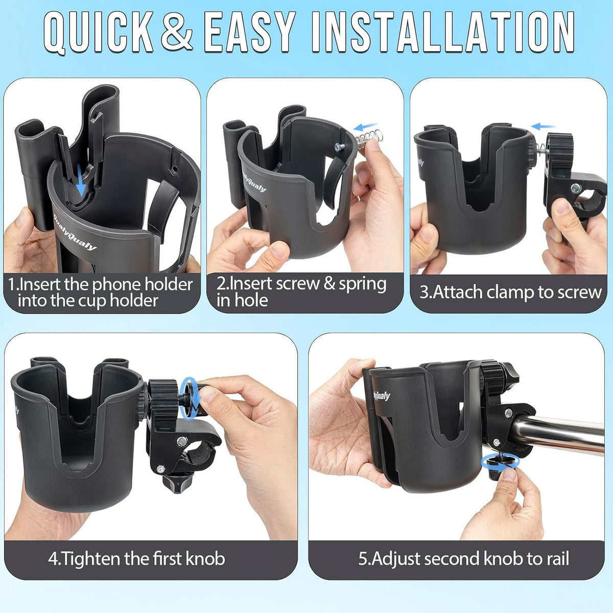 Marine Boat Rail Cup Holders 2 Pack Clamp-On 360° Adjustable Drink Holders