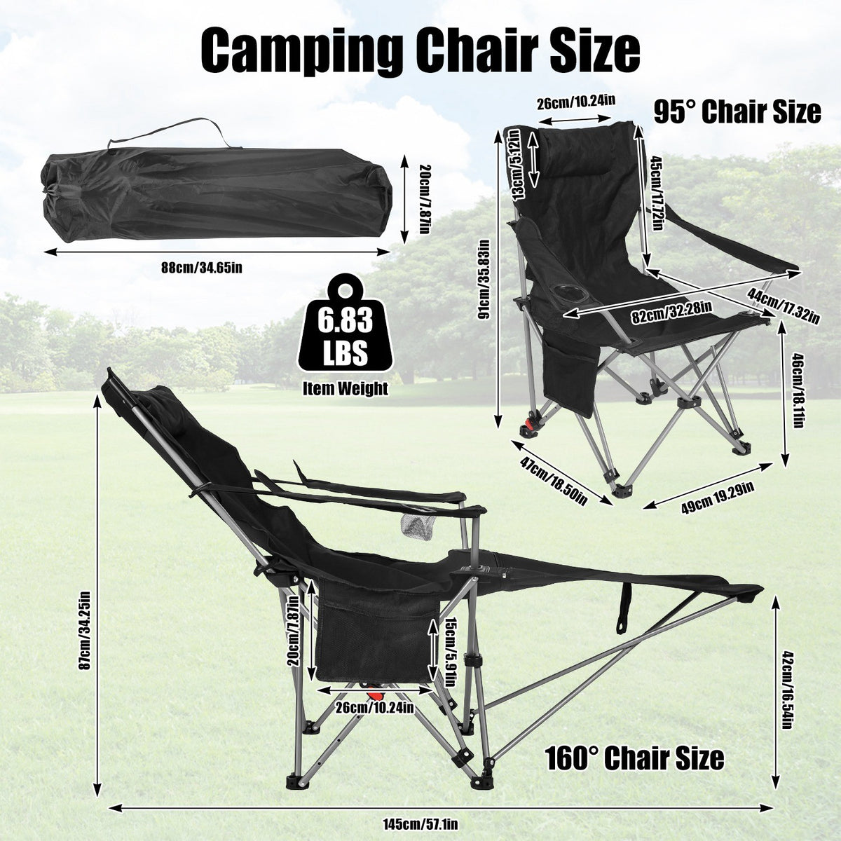Reclining Camping Chair with Canopy & Footrest - Folding Outdoor Seat