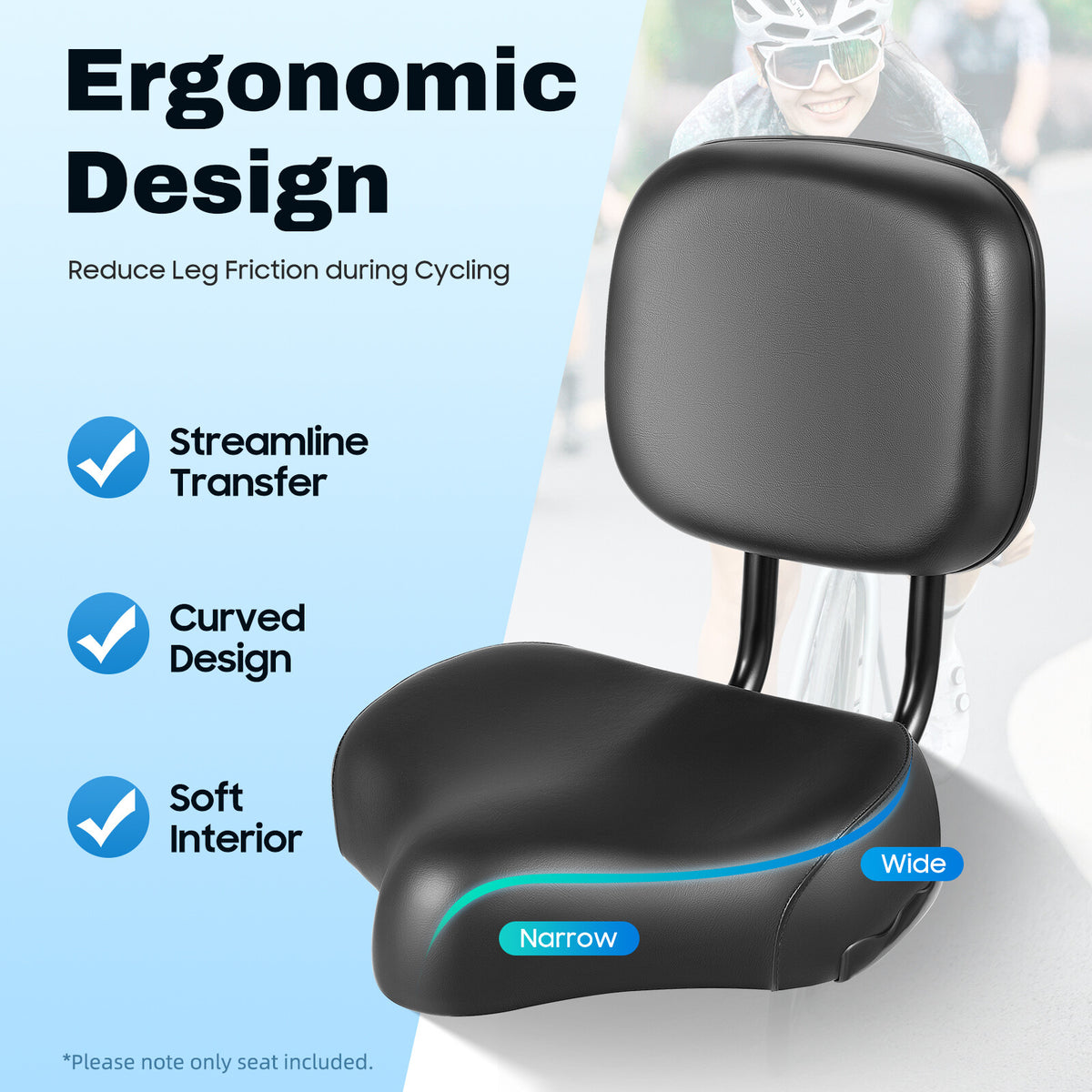 Universal Wide Bicycle & Tricycle Saddle Seat with Backrest - Black