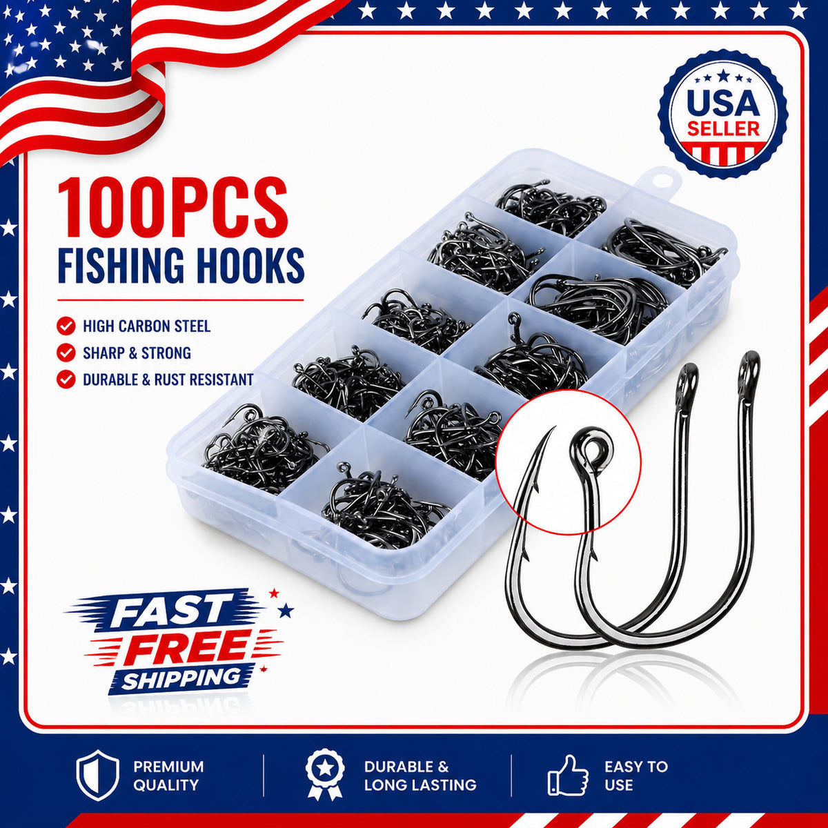 100PCS Stainless Steel Carbon Fishing Hooks with Loop Sharp Durable Tackle