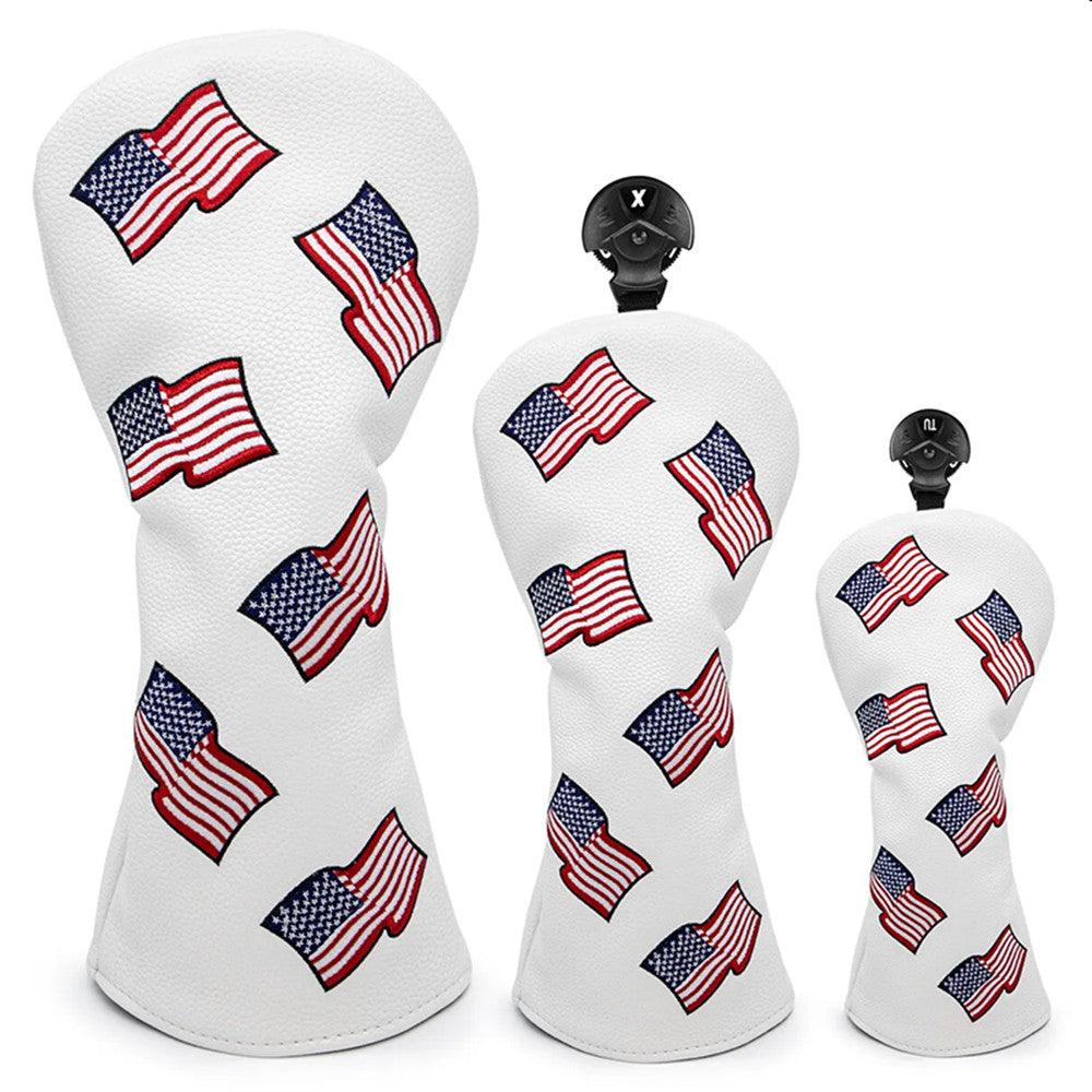 USA Flag Leather Golf Head Cover for Driver Fairway Wood Hybrid Clubs