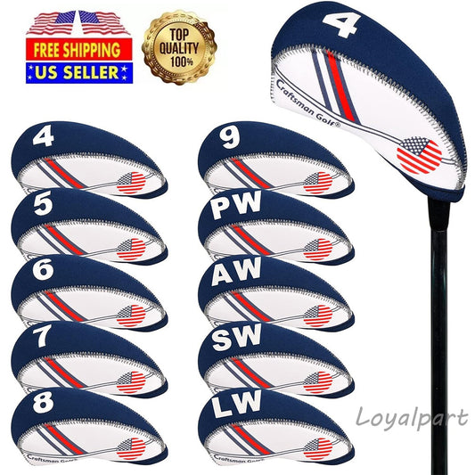 Golf Head Cover Set with USA Flag Design - Protect Clubs, Neoprene Material, 10 Pieces