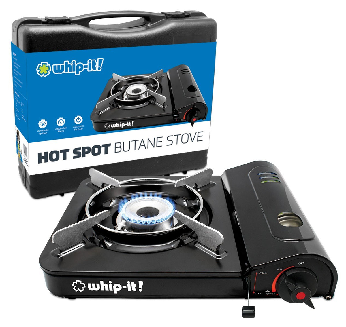 Portable Camping Stove with Hard Case - Single Butane Gas Burner, Includes 4 Cans