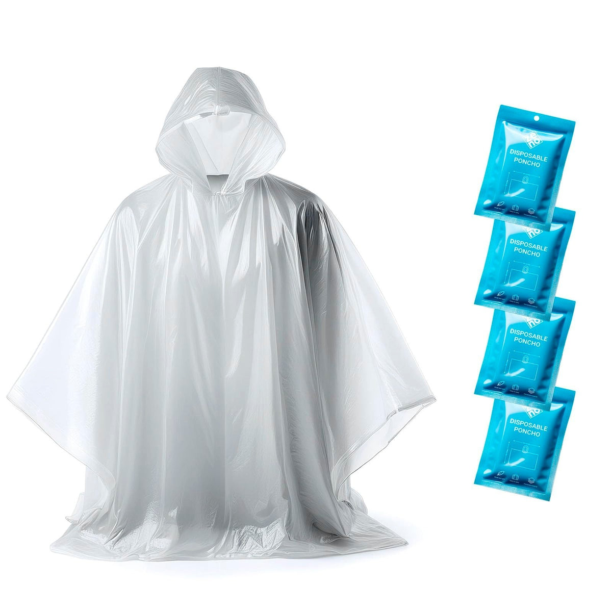 Disposable Rain Ponchos with Hood for Adults - Pack of 4, Clear Water-Resistant Outerwear