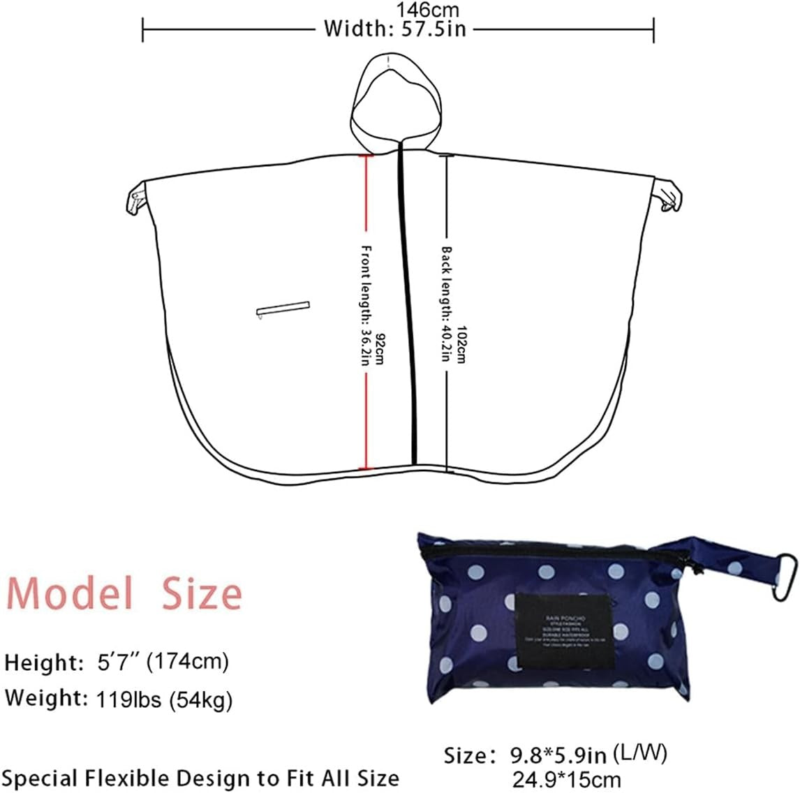Waterproof Rain Poncho with Hood - One Size Blue Dot
