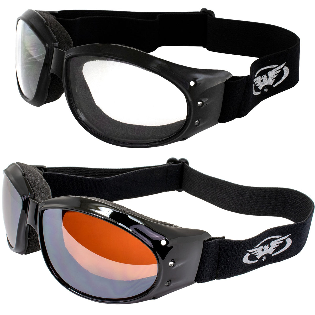 Motorcycle Goggles 2 Pack Black Frame with Clear & Mirror Lenses, Aviator Style