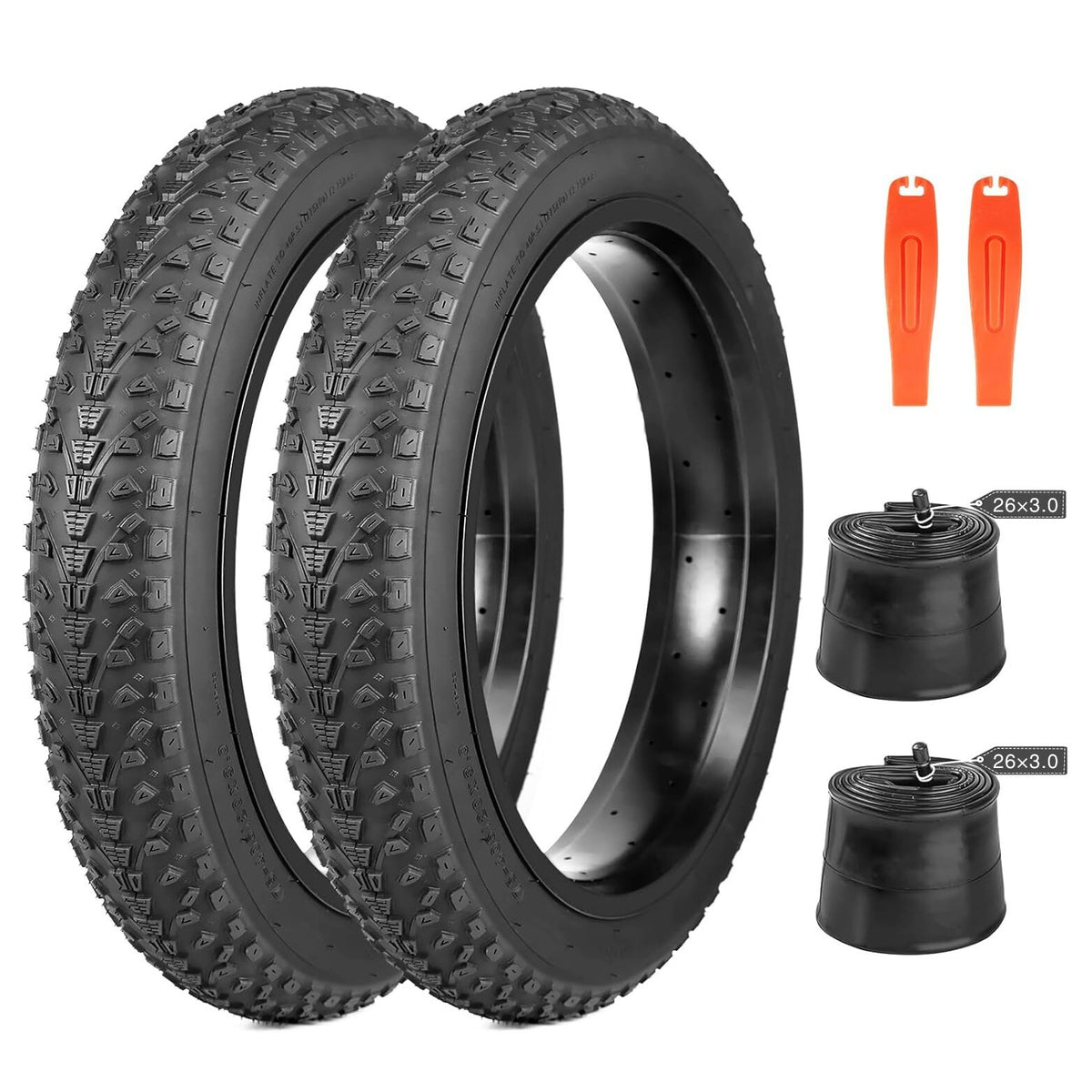 2 Pack Fat Bike Tires 26 x 3 with Tubes - Durable, Foldable Electric Bike Tires