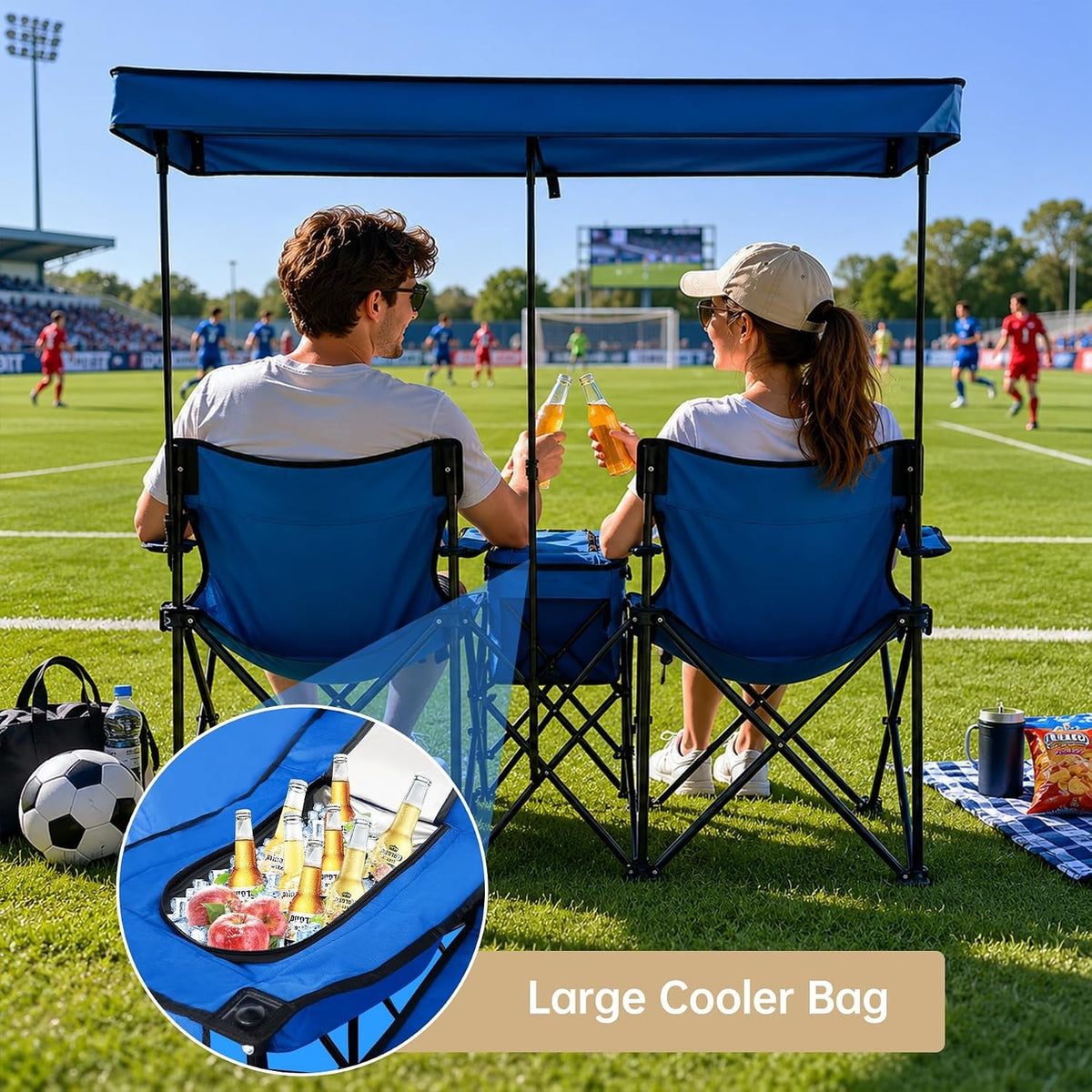 Double Beach Chair with Canopy Shade and Cooler Bag