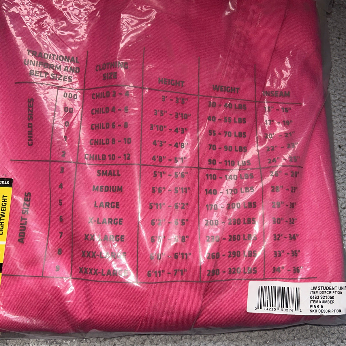 Lightweight Martial Arts Student Uniform Size 5 Pink with Belt - 6 oz