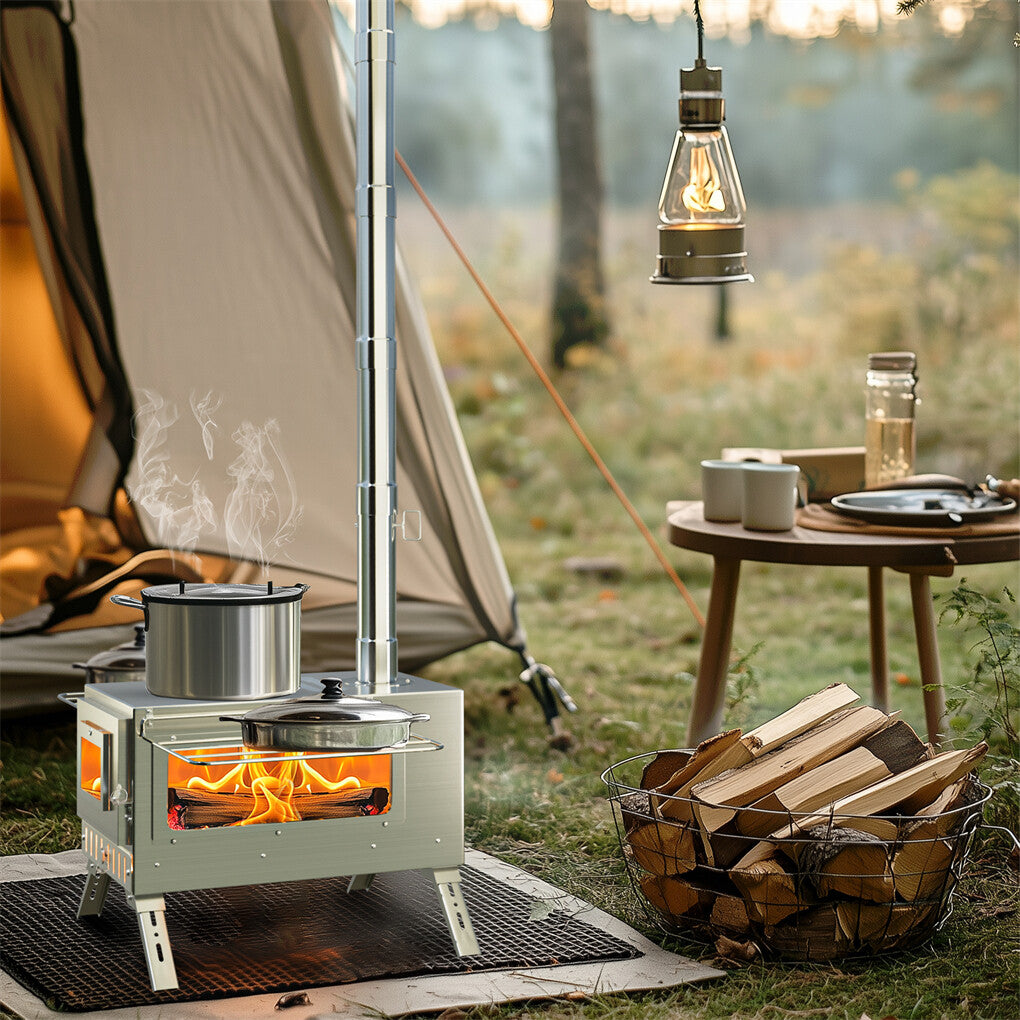 Large Portable Camping Wood Stove with Stainless Steel Chimney Pipe