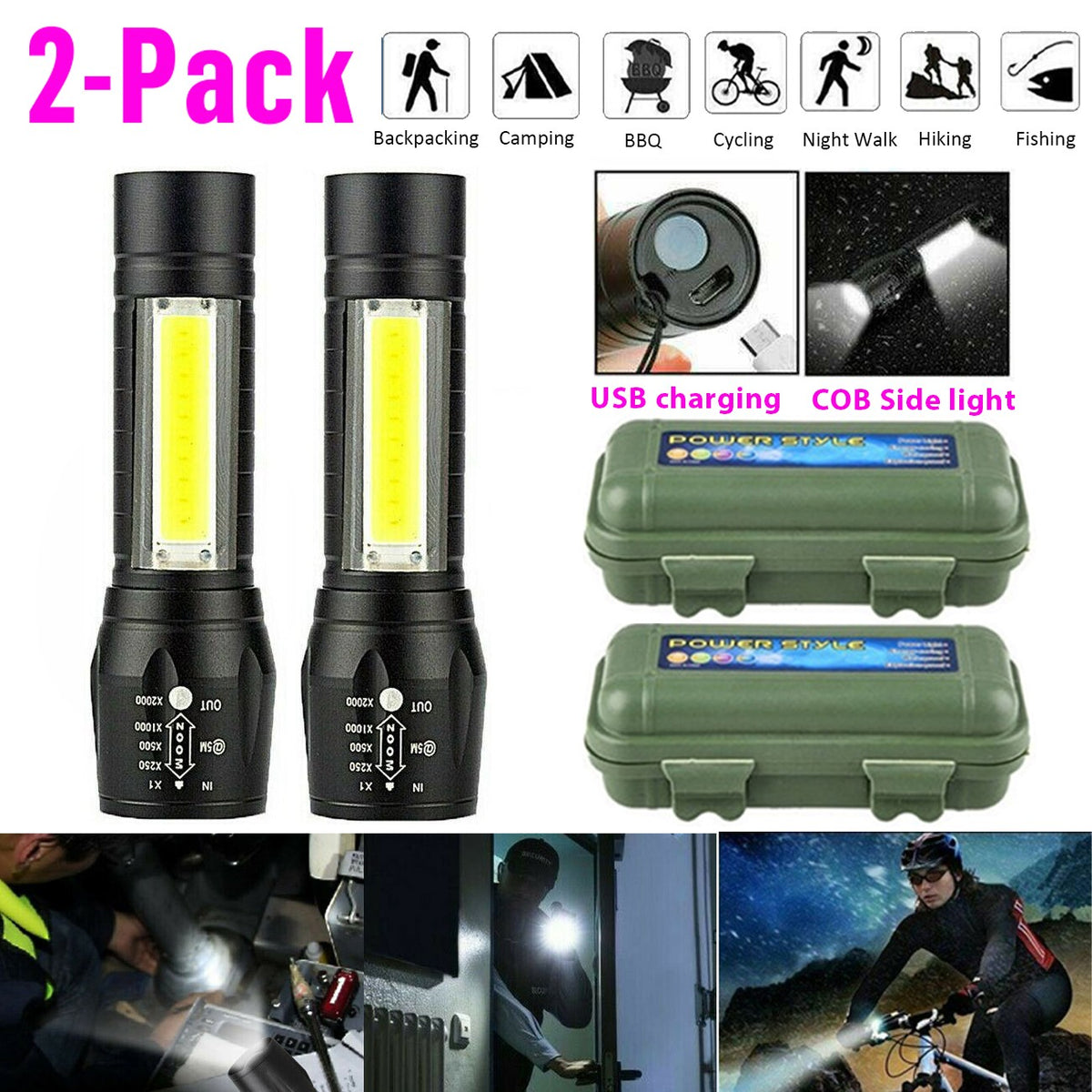 Rechargeable COB LED Flashlight 2 Pack - 3 Modes, Zoom, Side Light