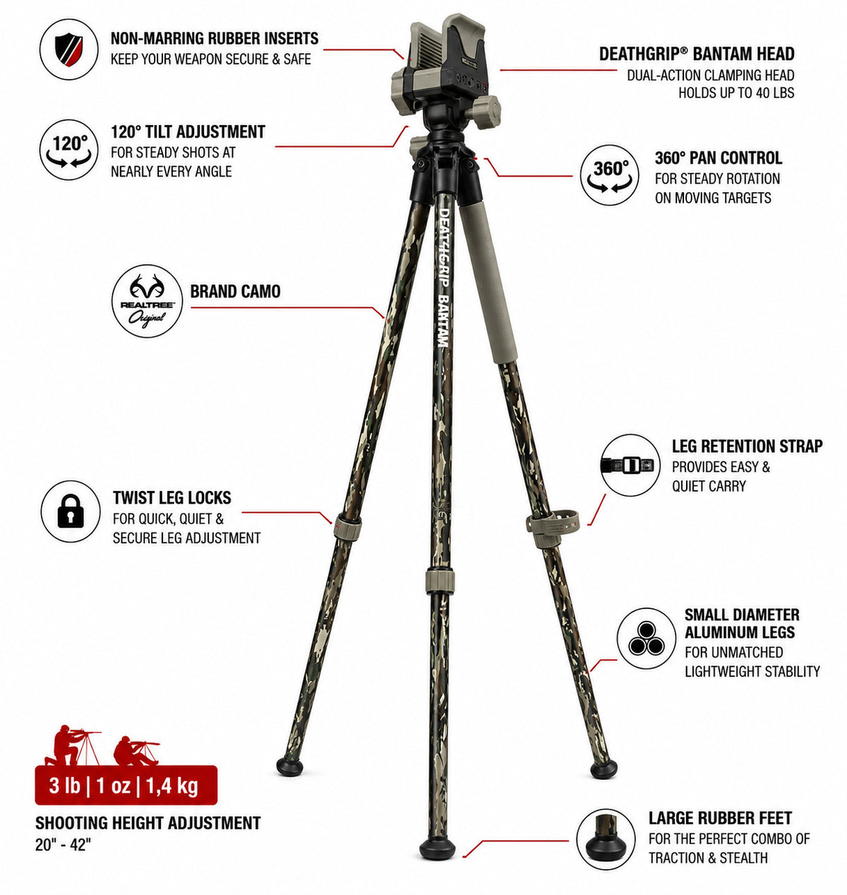 Lightweight Hunting Tripod with Adjustable Height & Camo Finish