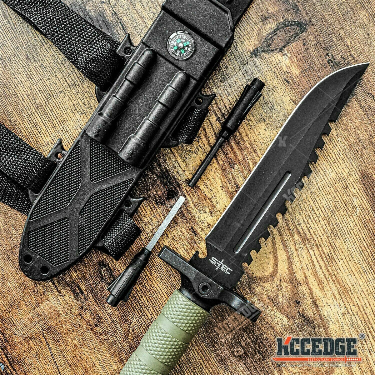 Tactical Survival Knife Kit with Fire Starter, Compass & Sharpener - 13.75 Inch