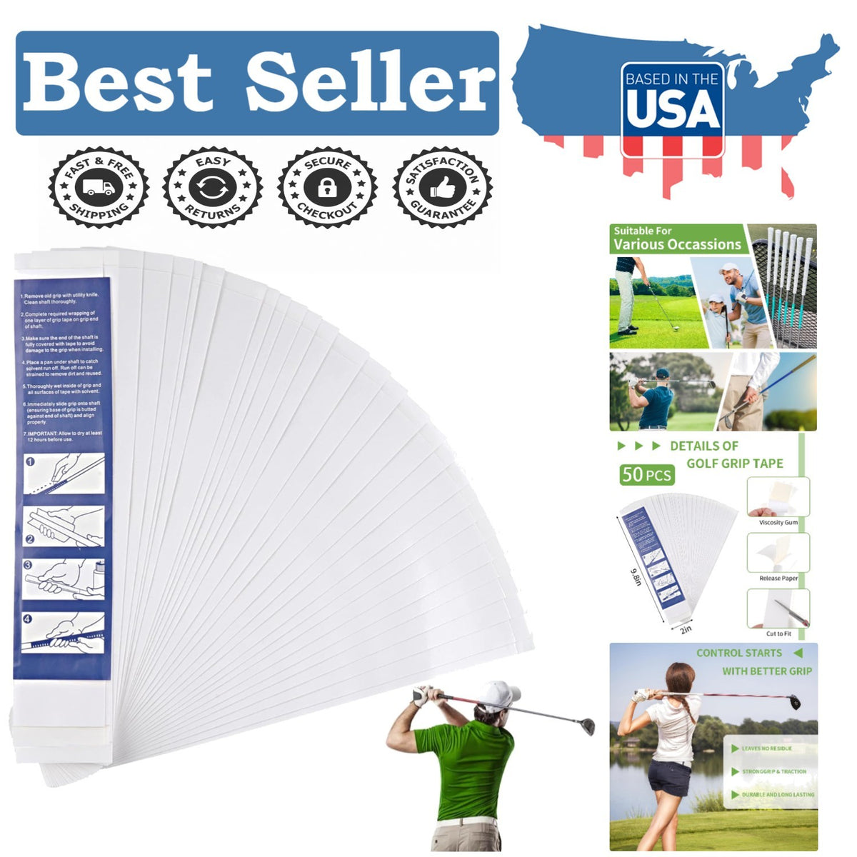 Golf Grip Tape Kit - 50 High-Quality Regripping Strips for Clubs