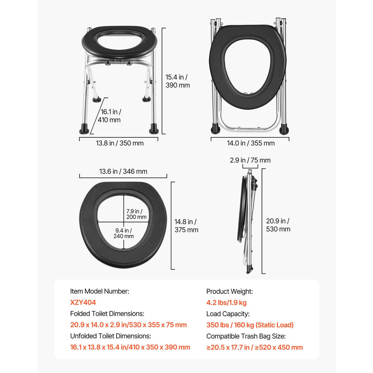 Portable Folding Toilet Chair 350 lbs Capacity for Camping Travel & Emergency Use