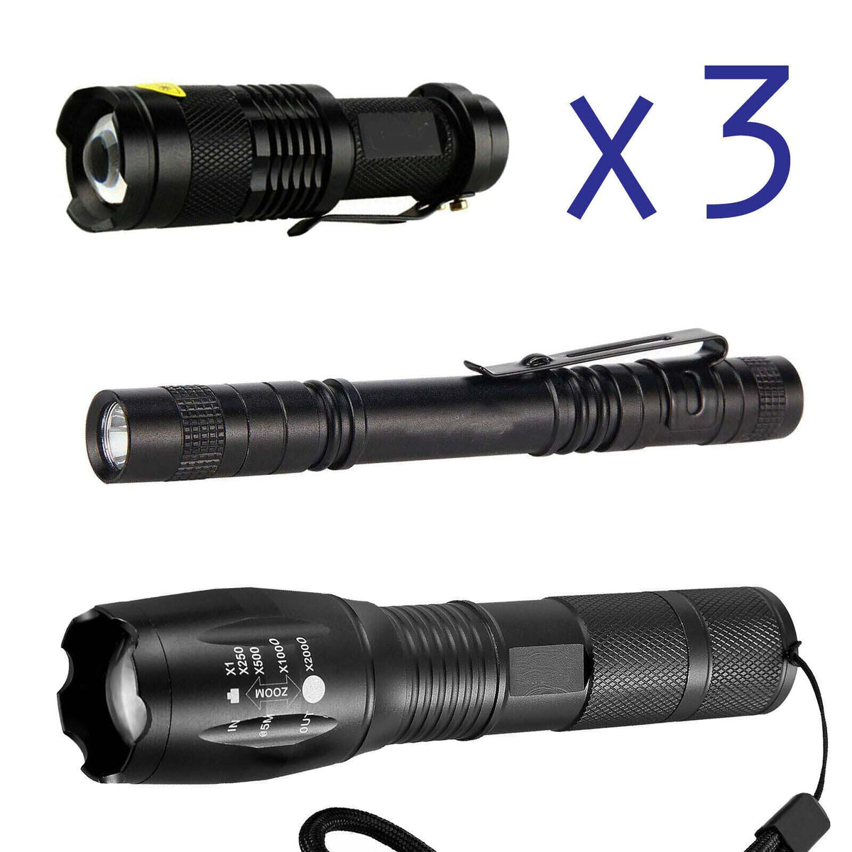 3 Pack Tactical 18650 LED Flashlights with 5 Modes, Zoomable Aluminum Body