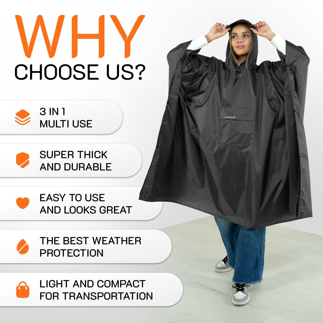 Unisex Waterproof Hooded Rain Poncho with Pocket - 3-in-1 Emergency Waterproof Cover