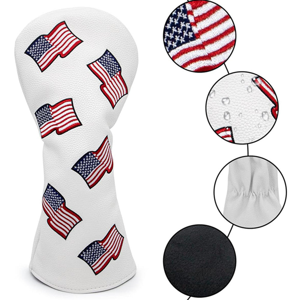 USA Flag Leather Golf Head Cover for Driver Fairway Wood Hybrid Clubs