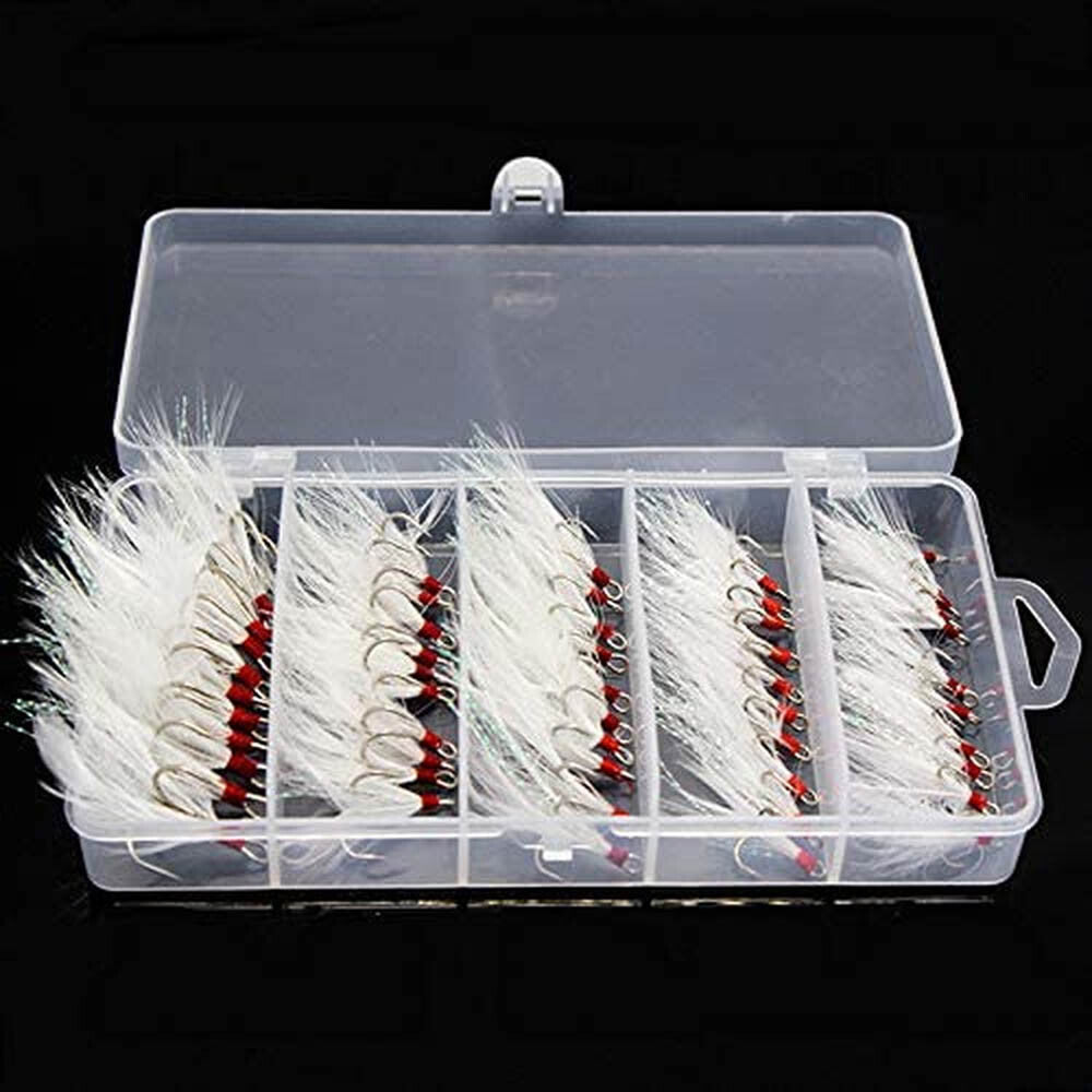 50Pcs Strong Feather Dressed Treble Fishing Hooks Set - Sizes 2-10