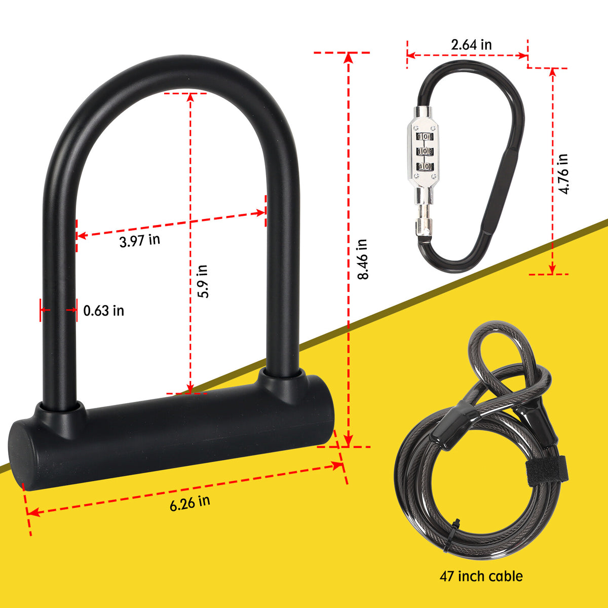 Heavy Duty Bike U Lock with 4ft Steel Cable Anti-Theft Bicycle Lock Alloy
