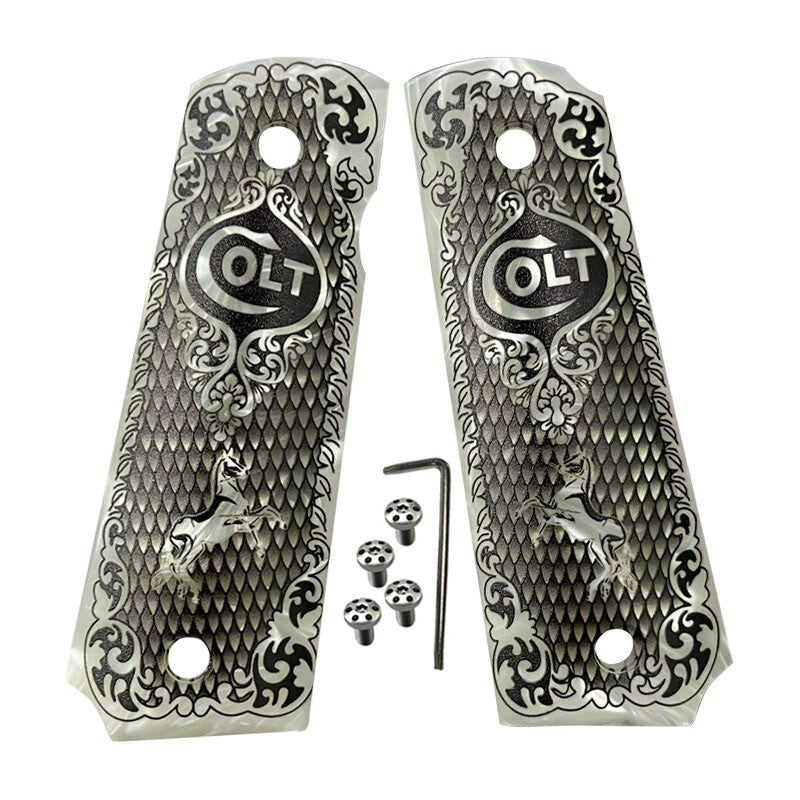 1911 Gun Grips Full Size Colt & Clones White Mother of Pearl Engraved with Screws