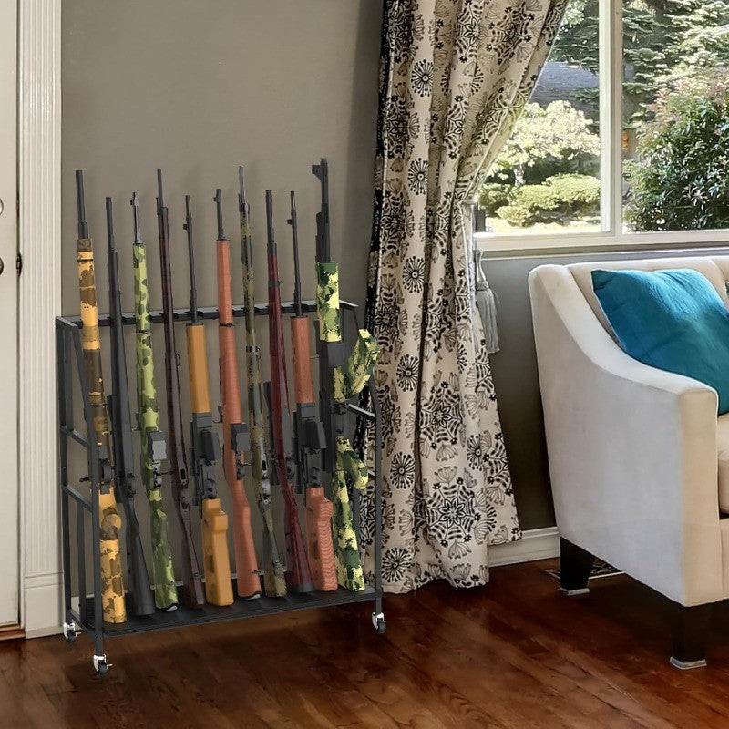 Gun Rack with Metal Frame and Wheels Holds 10 Long Guns, Adjustable Height