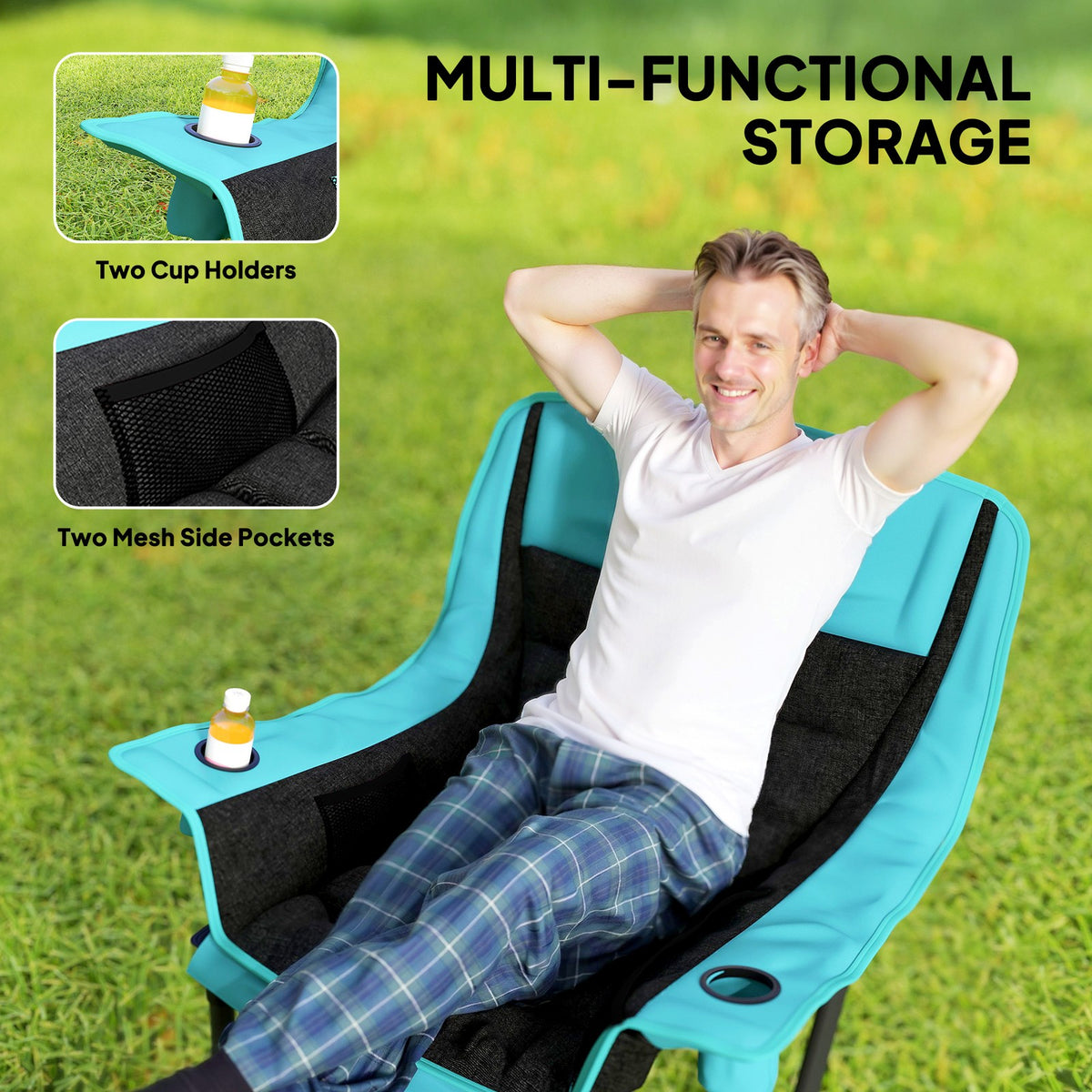 Portable Folding Camping Chair with Padding and Cup Holders - Green and Black