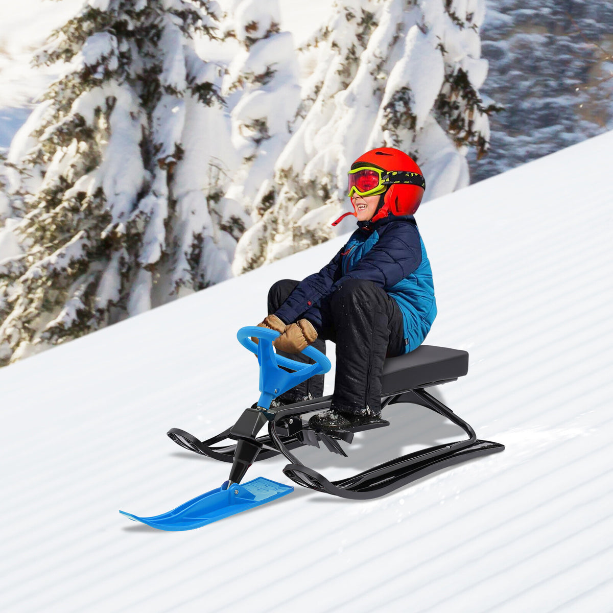 Kids & Adult Snow Racer Sled with Flexible Steering Wheel - Blue