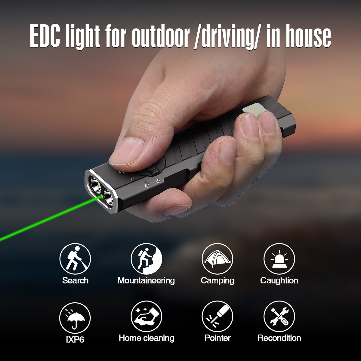 1300 Lumens Aluminum EDC Flashlight with Green Beam and Purple LED, Multi-Function Utility Light