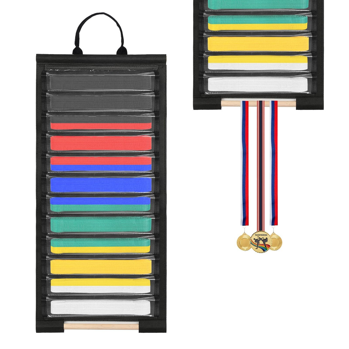Wall-Mounted 12-Belt Display Rack with Dust-Free Slot Shelves, Martial Arts Organizer