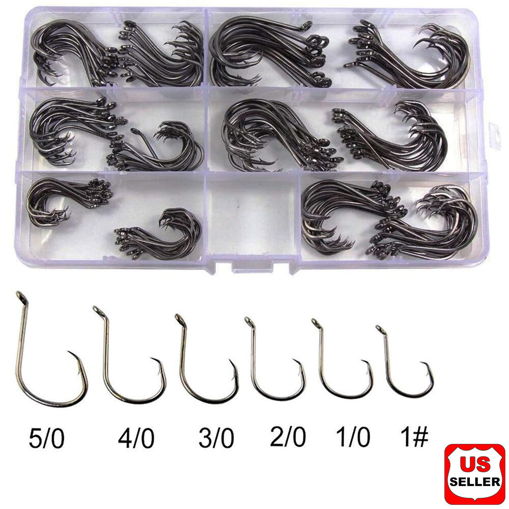 Offset Circle Fishing Hooks Set - High Carbon Steel, Sizes #1-5/0, 160 Pack