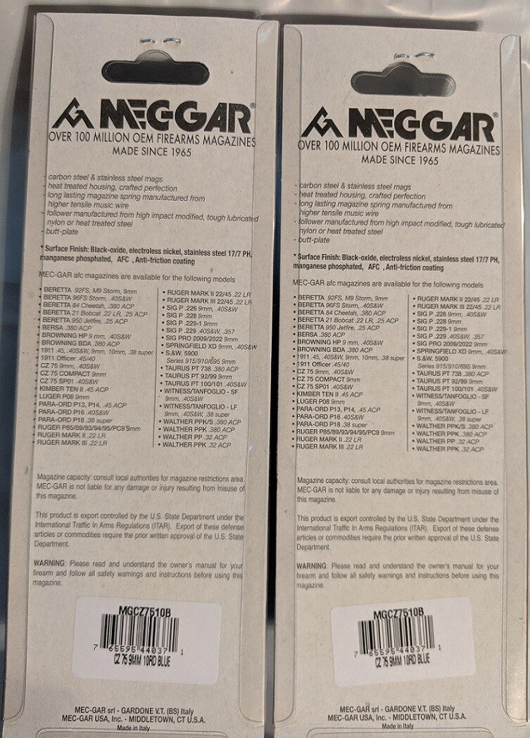 MecGar 10-Round 9mm Steel Magazine for CZ 75B, Shadow, SP-01, 85B - Pack of 2