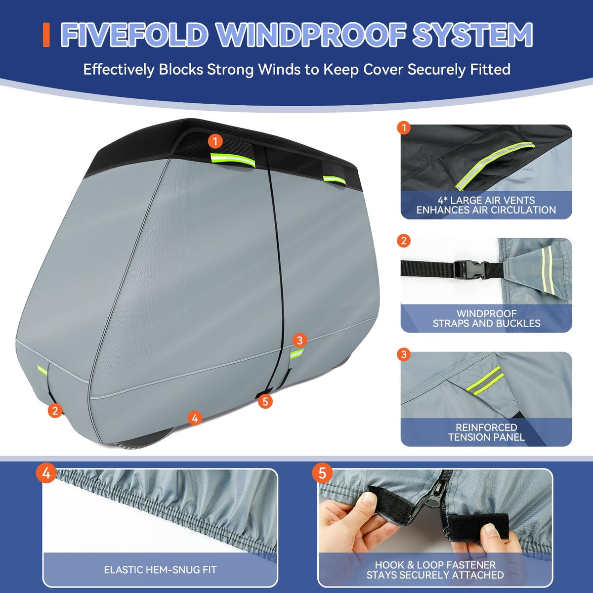 Waterproof Golf Cart Cover 5-Ply 900D+600D Fit for 2+2/4 Passenger Carts Gray+Black