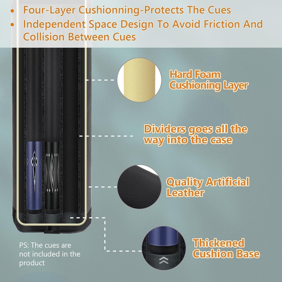 3-Butt 5-Shaft Billiard Cue Case – Hard Leatherette, Water-Resistant, T‑Shaped Divider