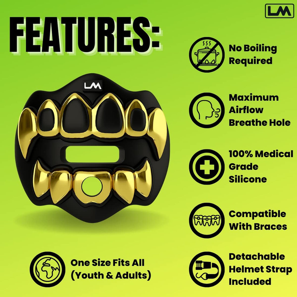 3D Chrome Grillz Football Mouth Guard - Black & Gold Sports Mouthpiece
