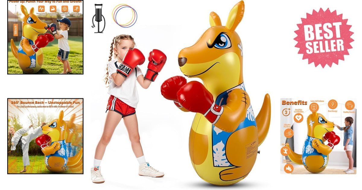 Kangaroo-Themed Inflatable Punching Bag for Kids, Active Sensory Play, 50 Inches
