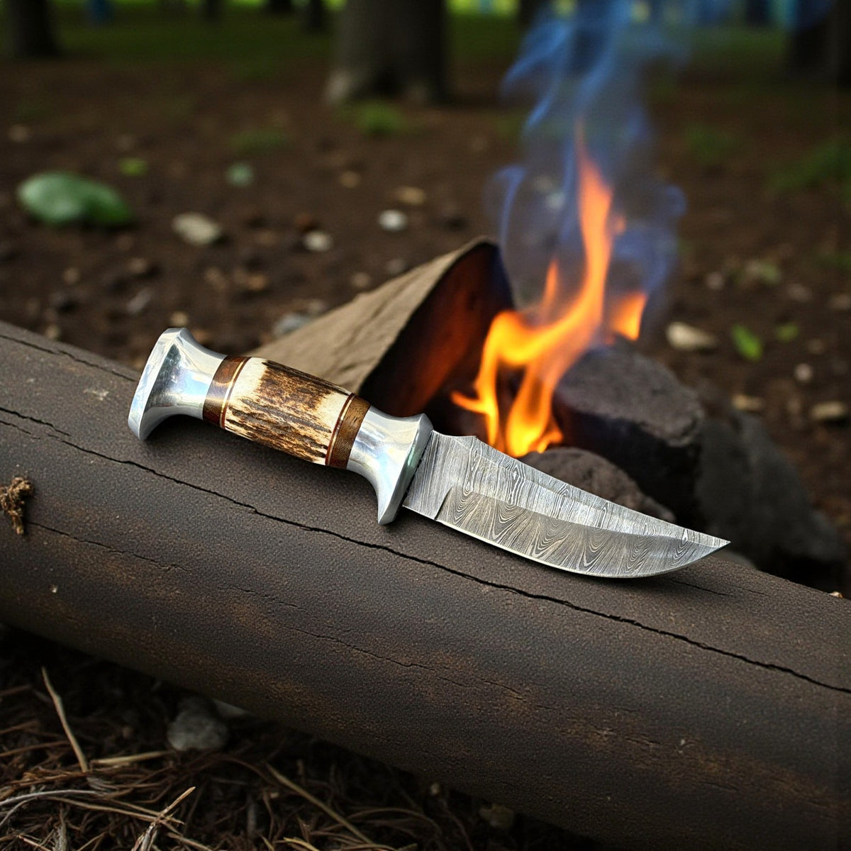 Personalized Damascus Steel Hunting Skinning Knife with Deer Antler Handle