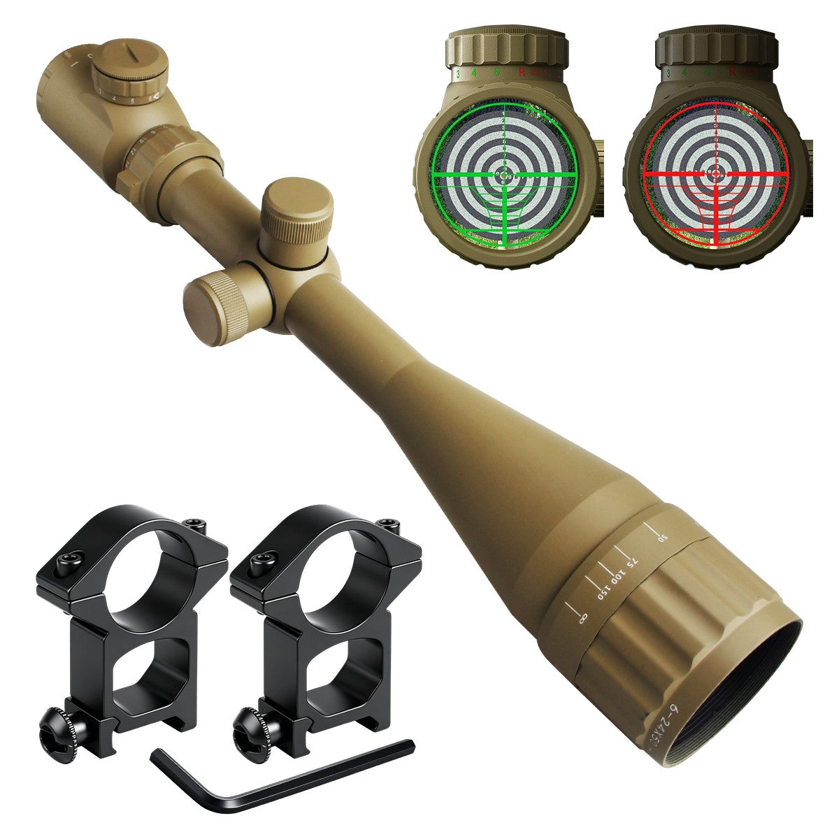 6-24X50 with Red/Green Illuminated Mil-Dot Reticle and 20mm Rail Mount