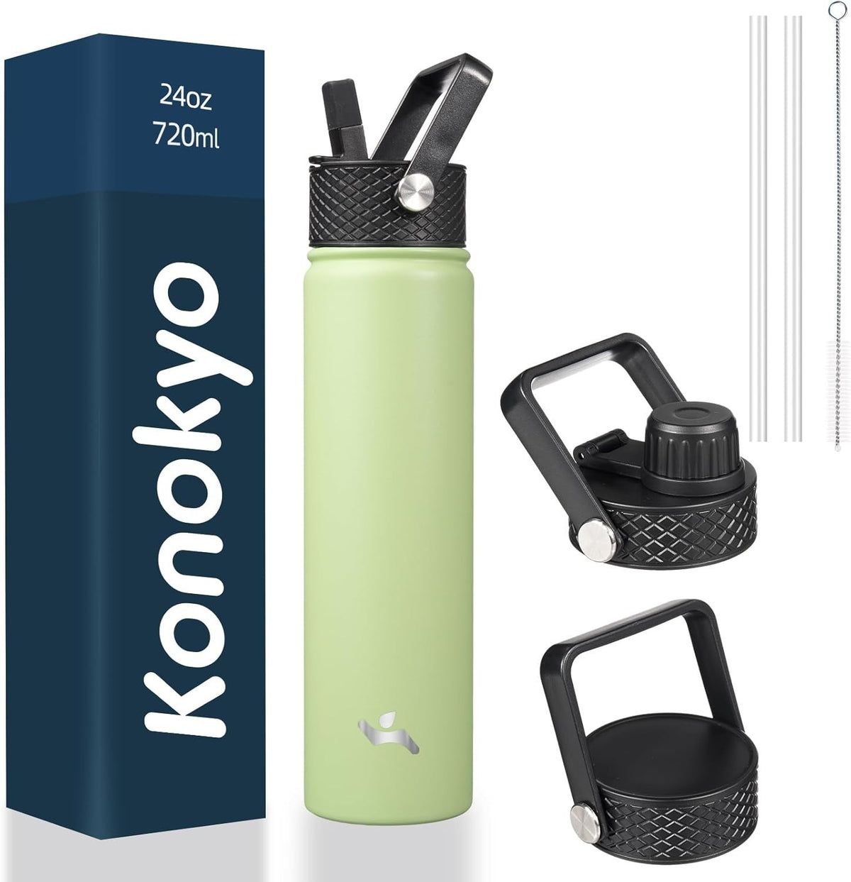 Insulated Stainless Steel Water Bottle 24 oz with Straw & Multiple Lids