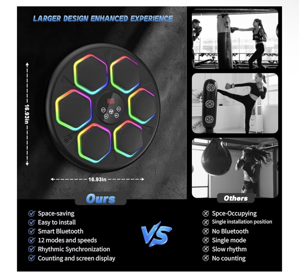 Bluetooth Wall Boxing Trainer with LED Lights & Gloves - 12 Modes