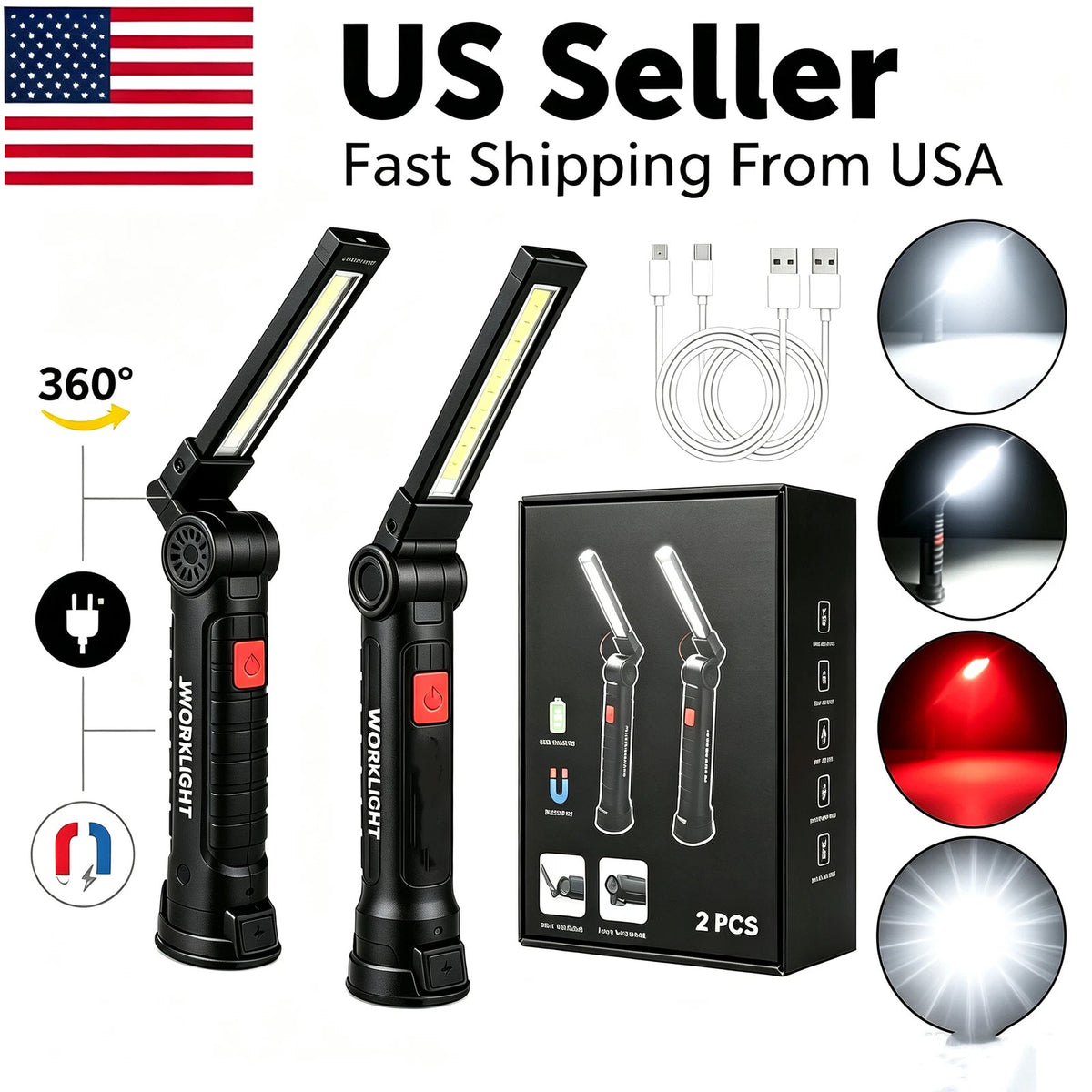 Rechargeable LED Work Light with Magnetic Base & 360° Rotation - Car & Workshop Use
