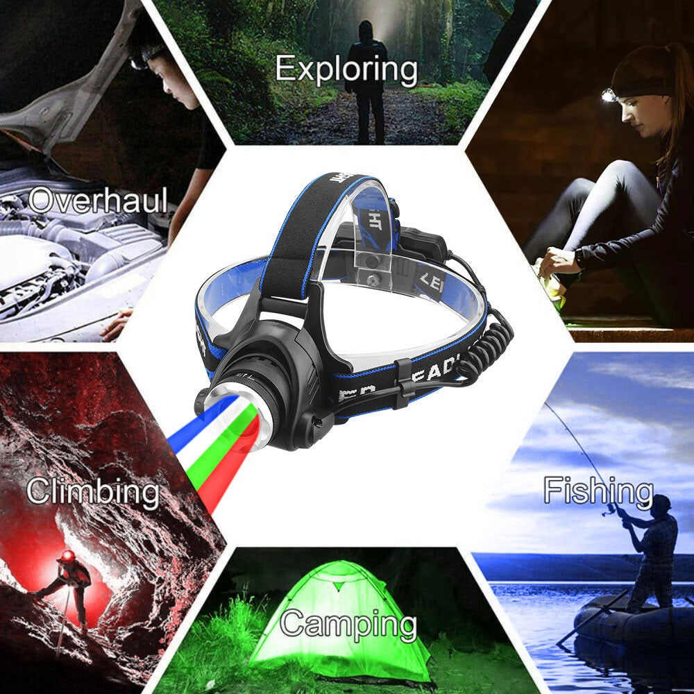 4-in-1 LED Headlamp with Red Green Blue White Light, Rechargeable Outdoor Head Torch