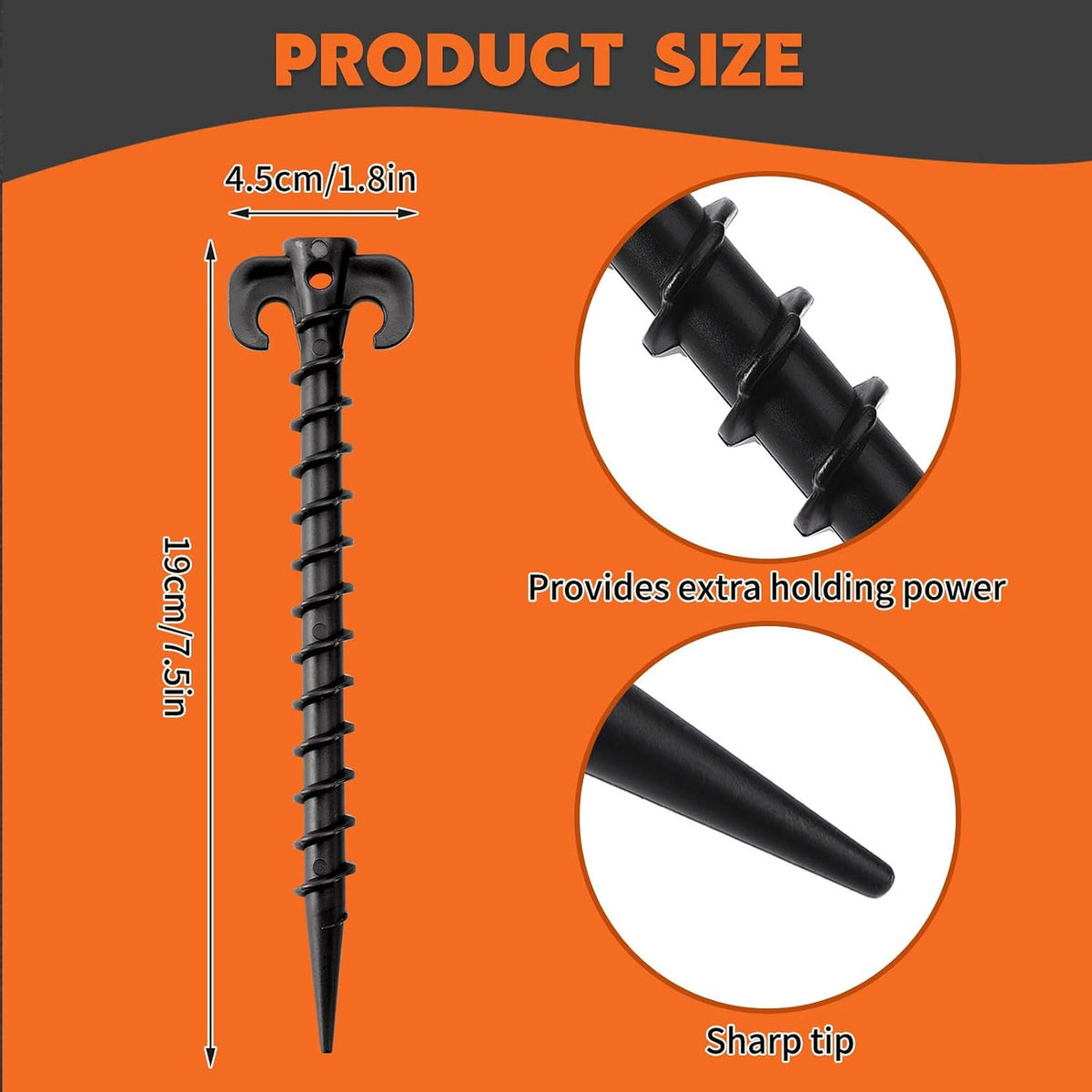8 Pack 7.5 Inch Black Plastic Tent Stakes Spiral Sand Anchors for Camping Hiking