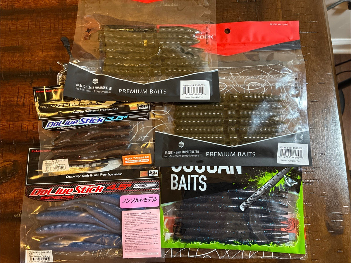 (Lot Of 5) Soft Plastic Fishing Worms & Baits with Bait Bag - Lure Set