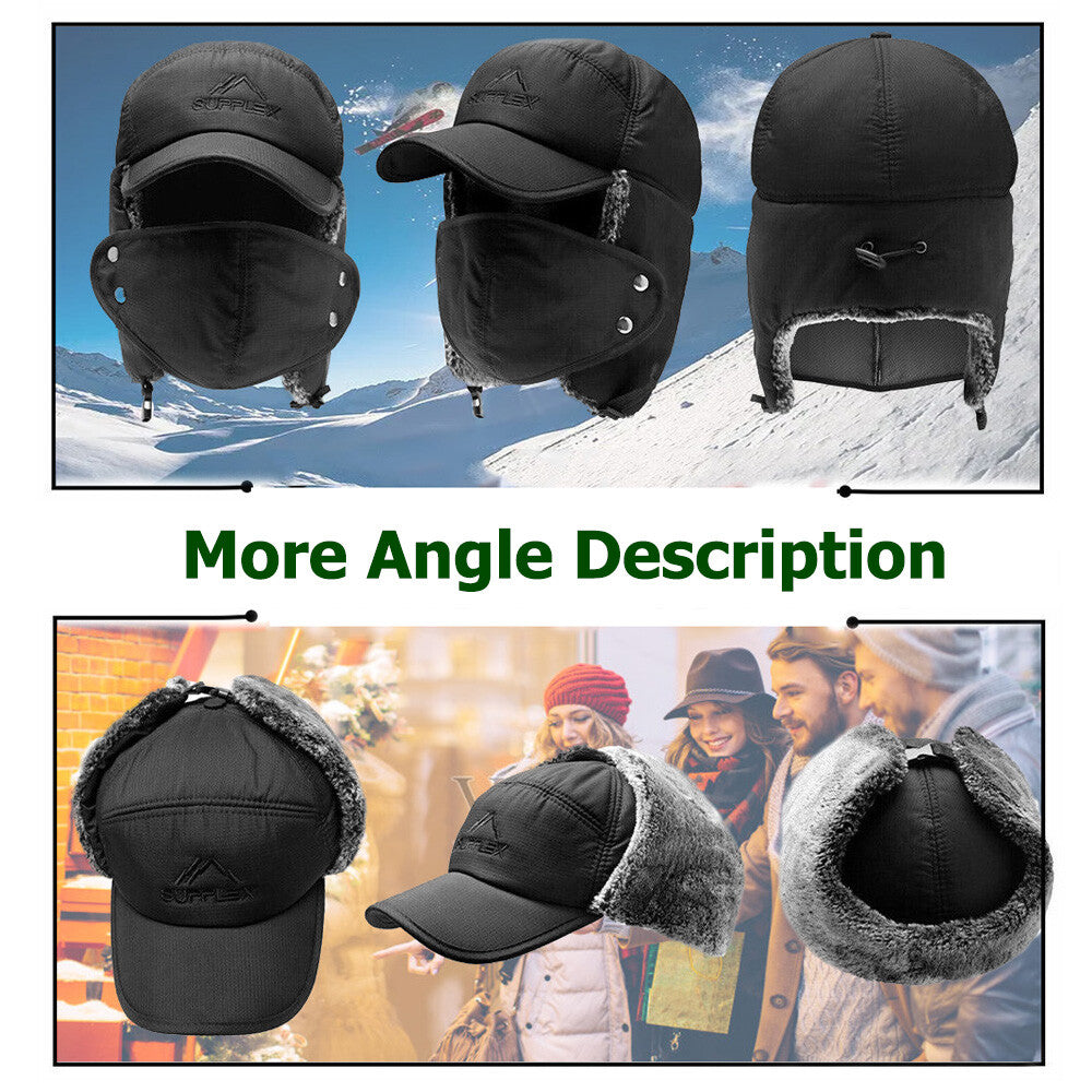Winter Trapper Hat with Faux Fur Ear Flaps and Removable Face Mask - Windproof & Waterproof