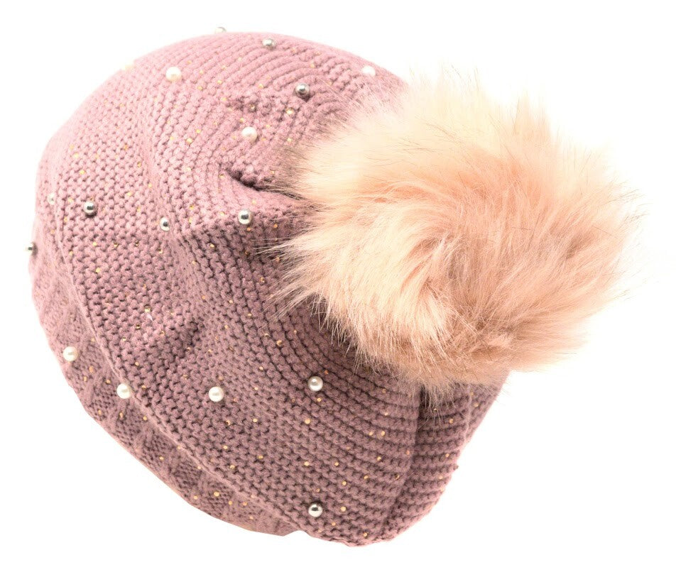 Women's Winter Cable Knit Beanie Hat with Pom Pom Fur Lining Warm Accessory