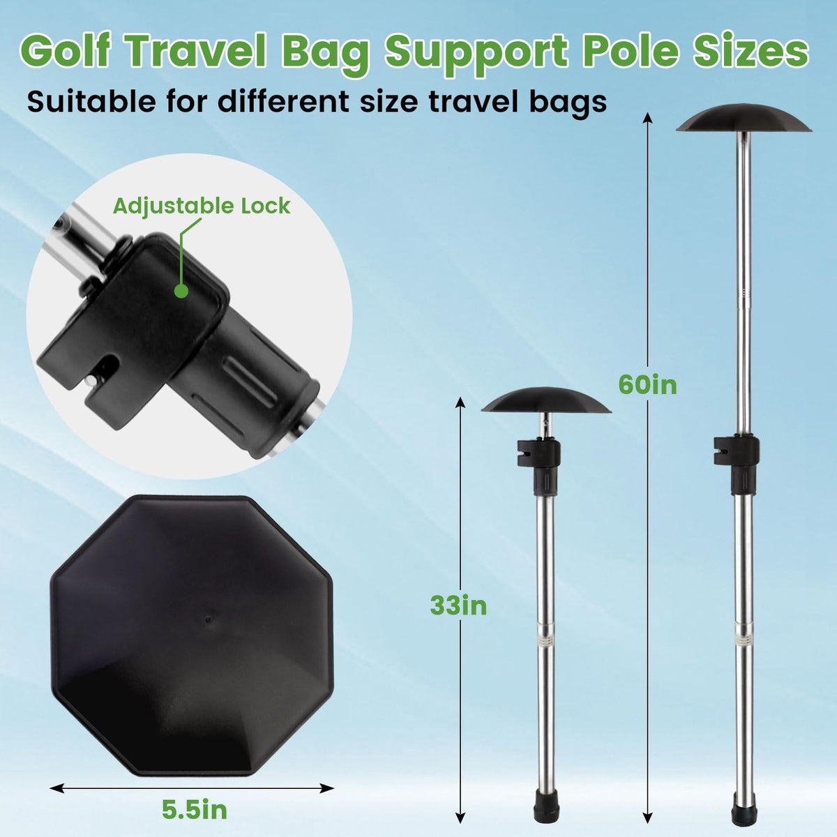 Adjustable Stainless Steel Golf Travel Bag Support Pole 33-60 Inches