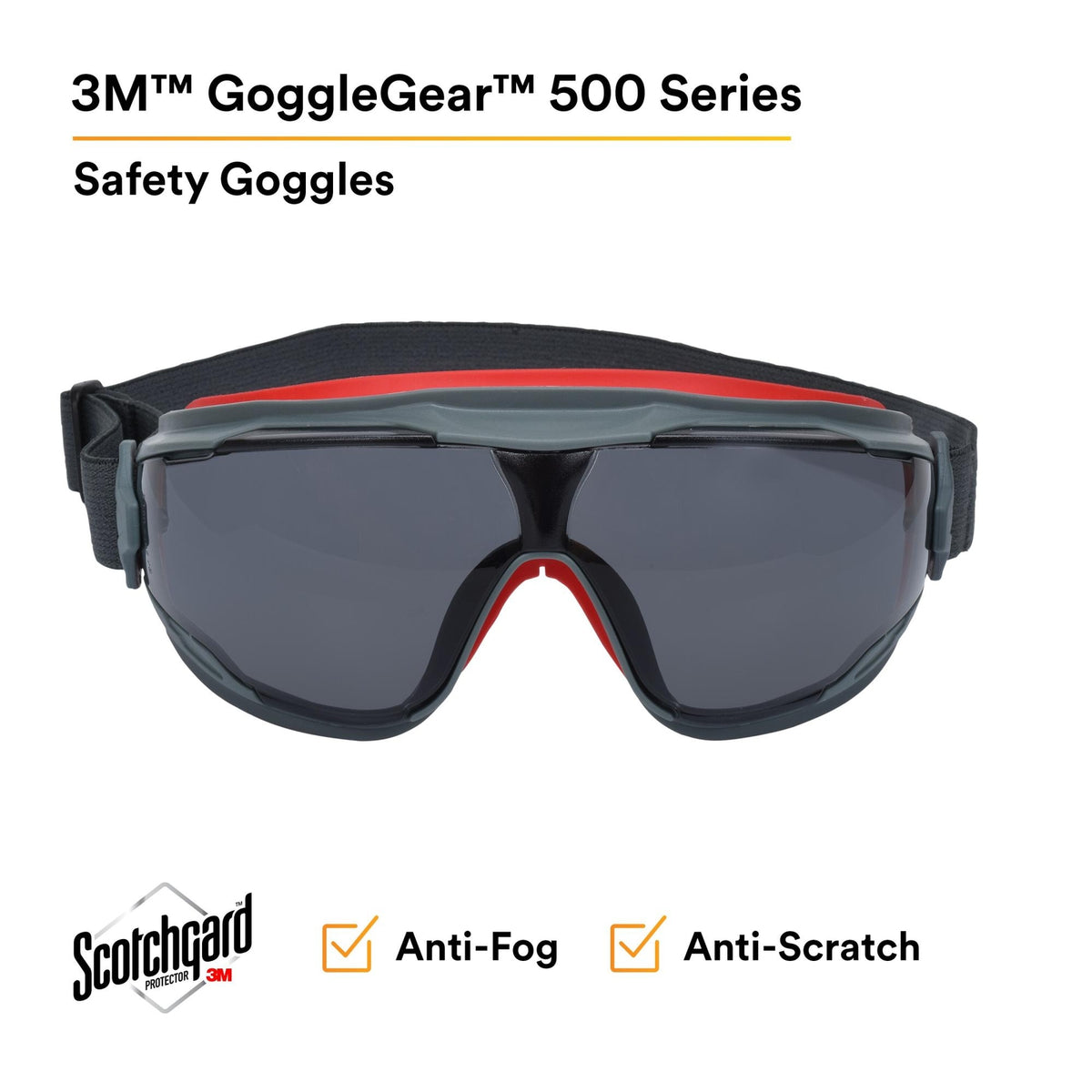 3M GoggleGear 500 Series Anti-Fog Safety Goggles Gray Scotchgard